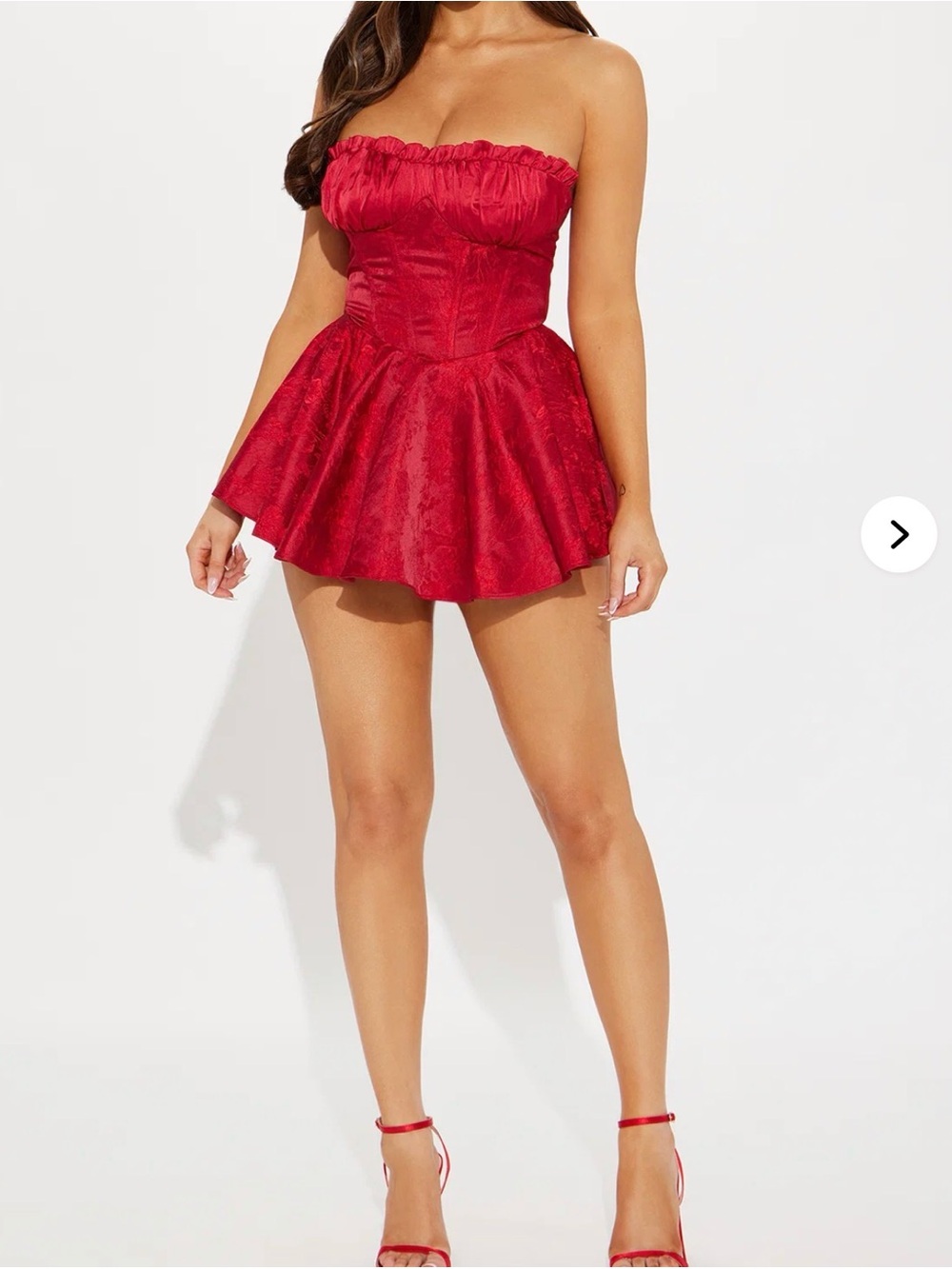 Fashion Nova Red Strapless Jacquard Babydoll Romper dress